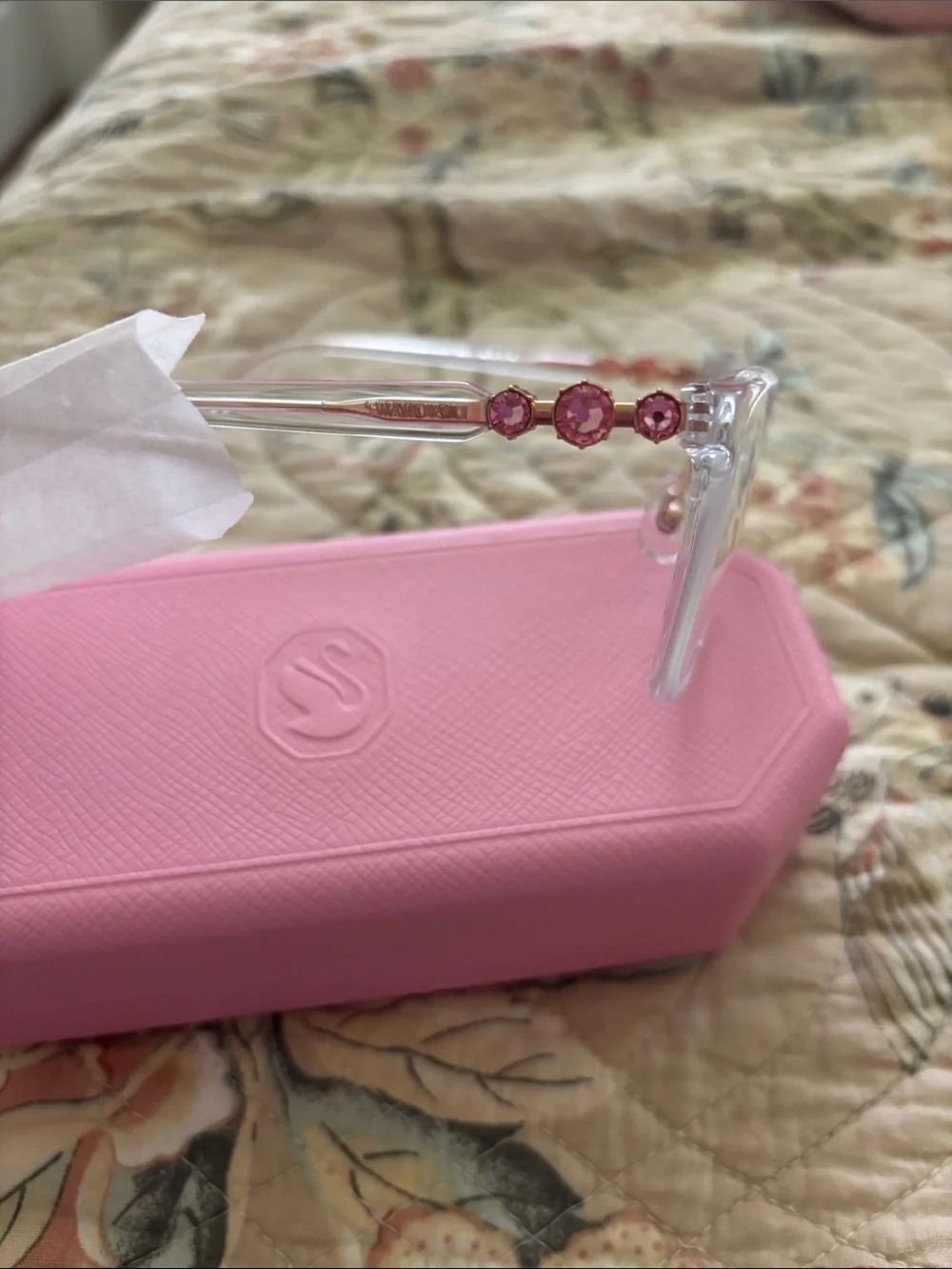 Swarovski Clear Frame Glasses with Pink Hard Case and Gold Accents